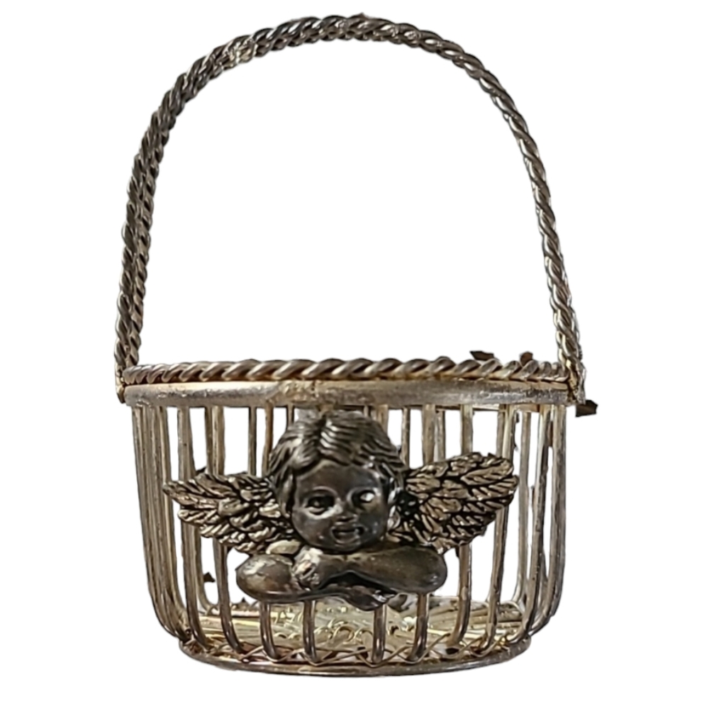 Vintage Silver Cherub Basket Metal Vanity Decor Trinket Jewelry